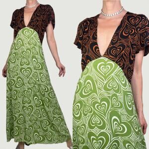 New Lisa Says Gah Grace wild heart print maxi dress colorblock brown green nwt L